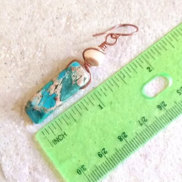 BOHO-LISCIOUS! Turquoise Sea Sediment Jasper Bar + Rough Citrine Dangle Earrings - Picture 5 of 7